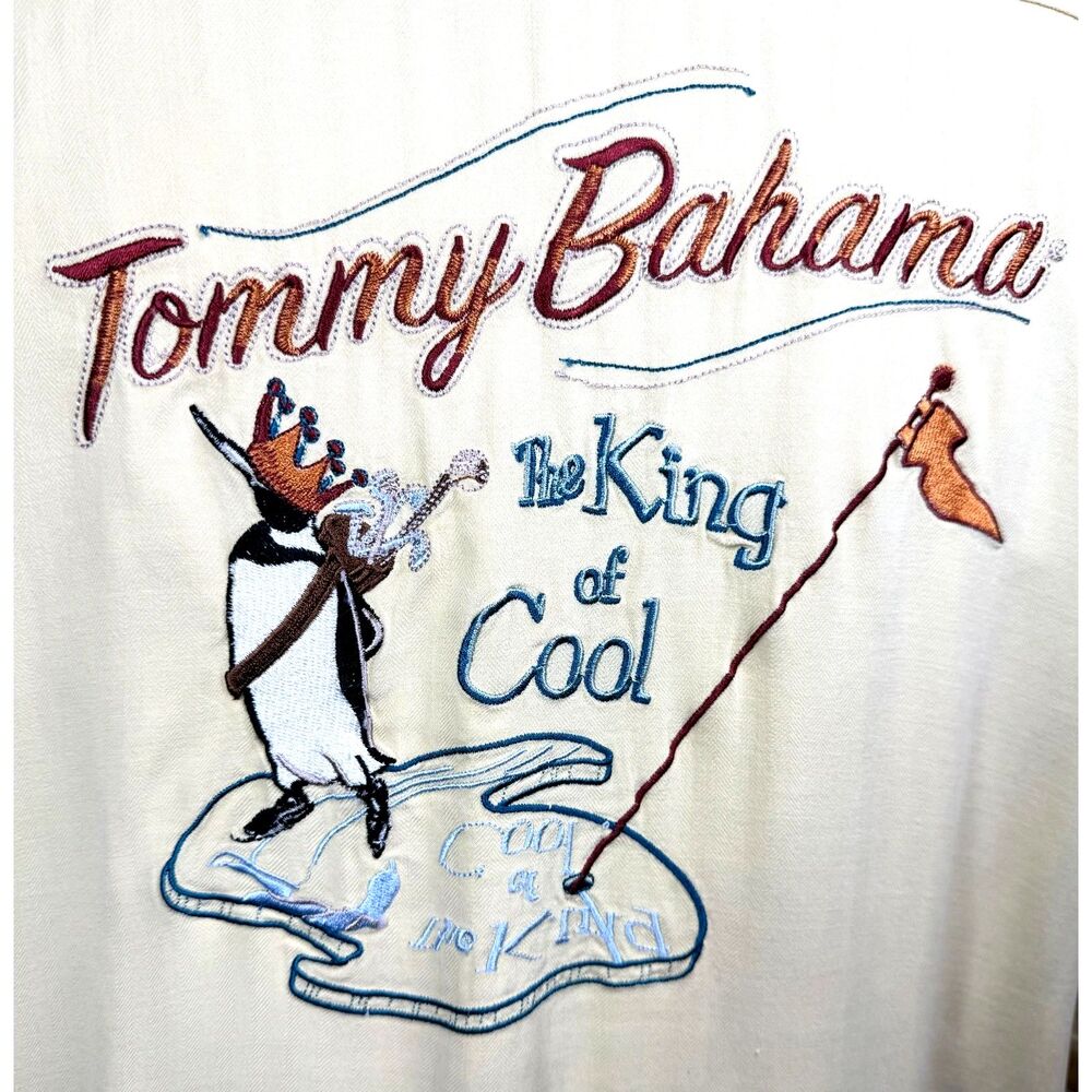 Tommy Bahama Shirt Men Large Yellow Silk Embroidered King Of Cool Golf